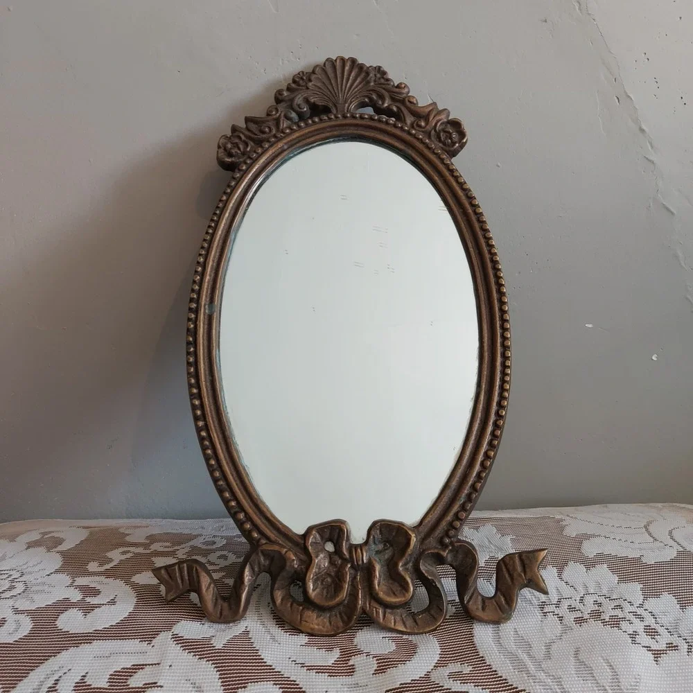 Vintage Ornate Oval Vanity Mirror Bronze Cast Metal Shell Ribbon Bow 14x7.75in
